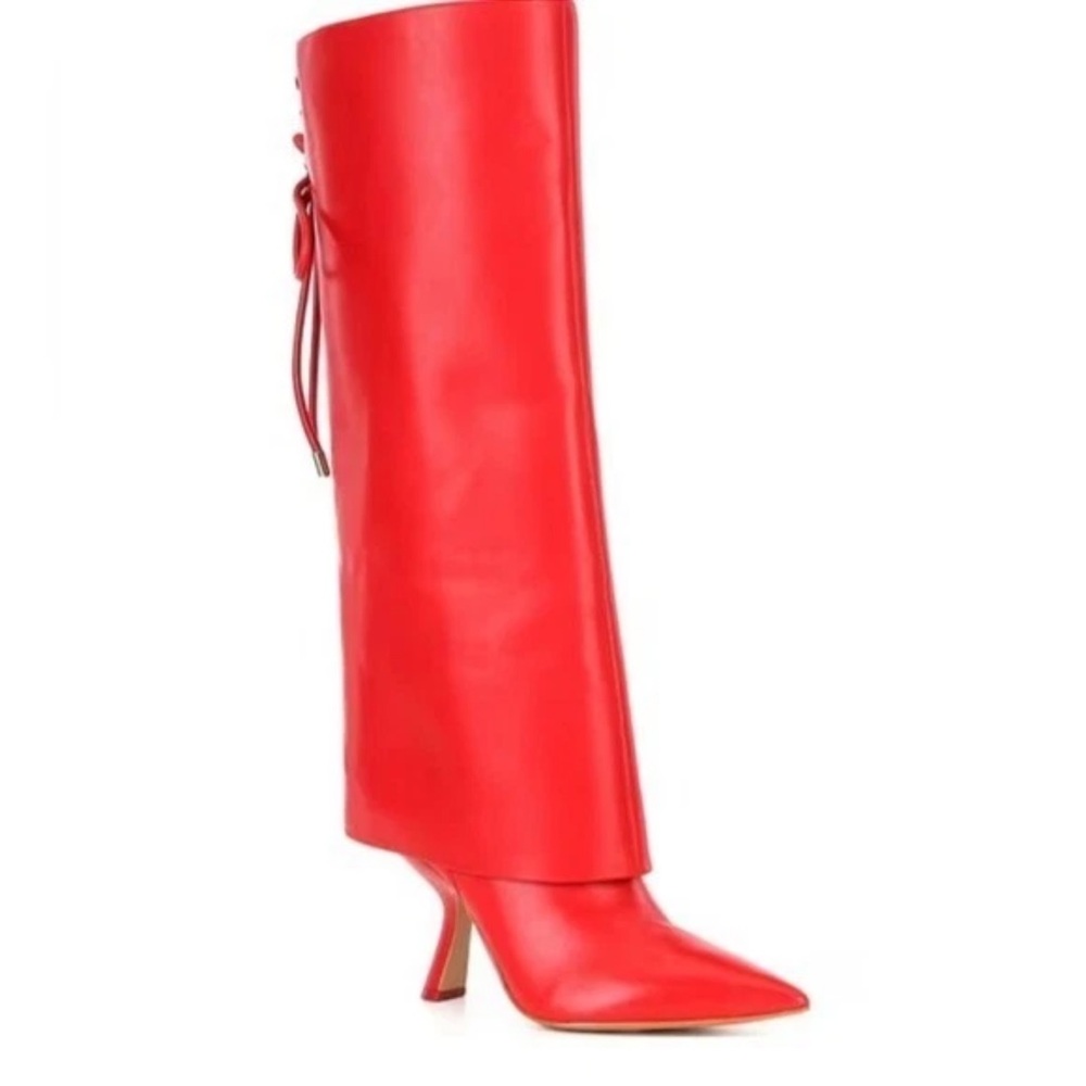 Gianni BINI Leather Boots Sz 7M Moe Red Hot Fold Over Knee High Kitten Heel NWOB